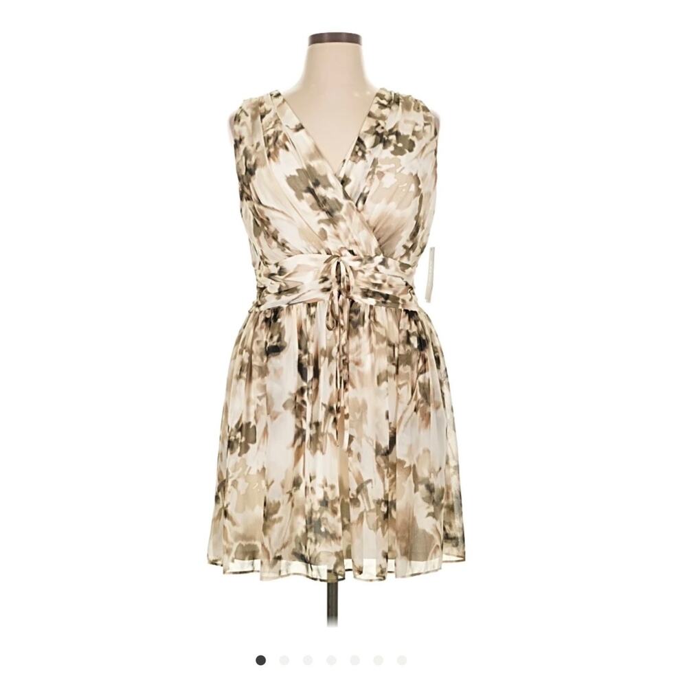 NWT DKNY Sleeveless Floral Chiffon Dress Size 12 Beige Brown Fit & Flare
